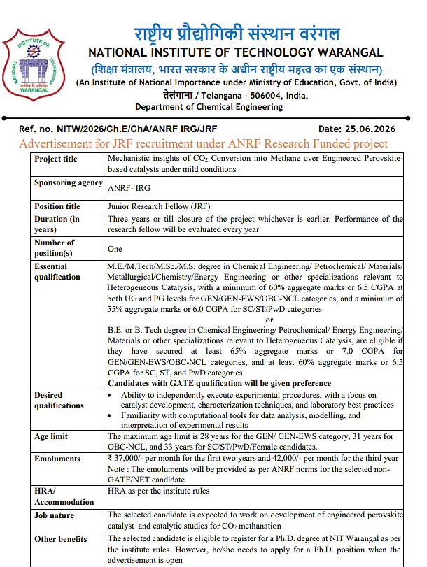 NIT Warangal Recruitment 2026 | Junior Research Fellow (JRF) under ANRF-IRG Funded Project