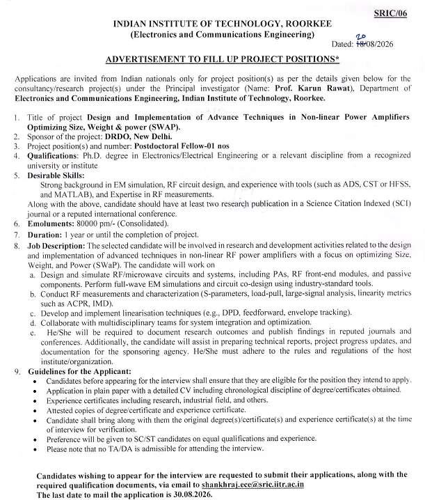 Postdoctoral Fellow Recruitment 2026 at IIT Roorkee – DRDO Sponsored RF Power Amplifier Project