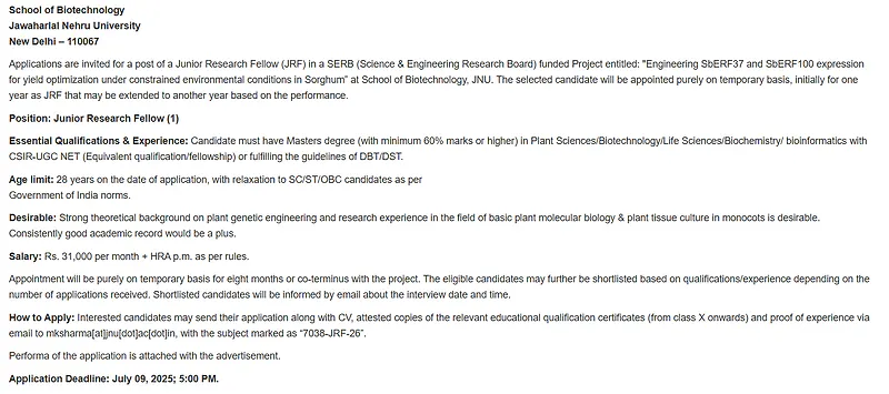Jawaharlal Nehru University Invites Applications for Junior Research Fellow (JRF) Position 2026