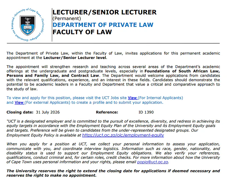 University of Cape Town Lecturer/Senior Lecturer Recruitment 2026