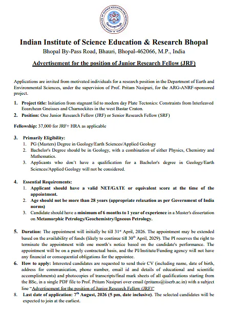 IISER Bhopal JRF/SRF Recruitment 2026 in Earth and Environmental Sciences