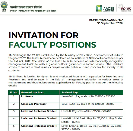 Faculty Recruitment 2026 – Indian Institute of Management Shillong