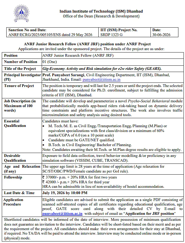 IIT (ISM) Dhanbad Invites Applications for ANRF Junior Research Fellow (JRF) Position