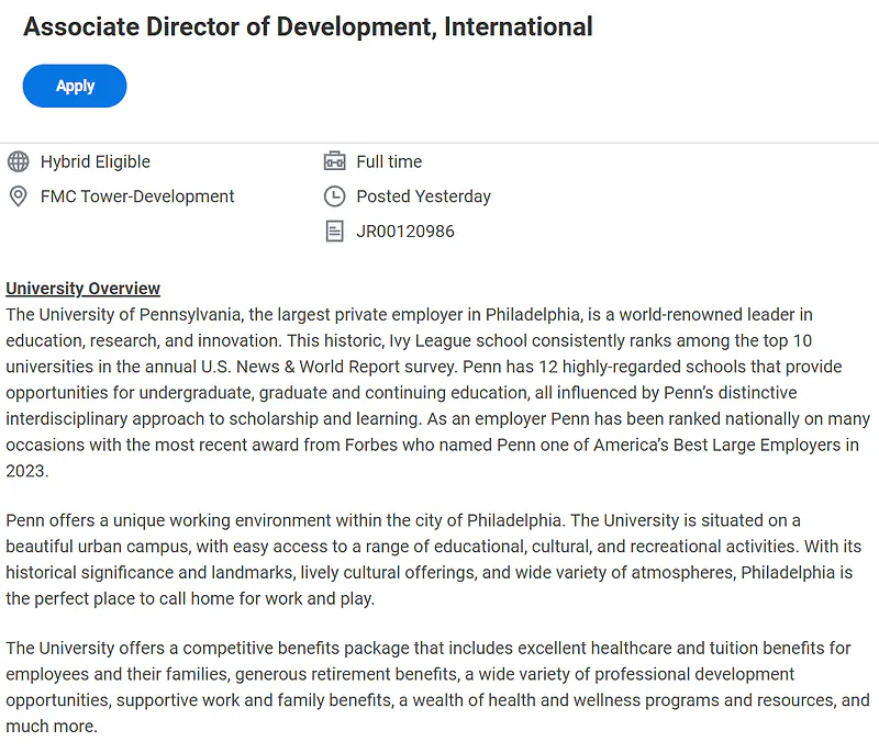 Associate Director of Development, International – University of Pennsylvania | Apply Now