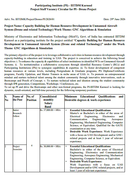 Junior Research Fellow & Project Associate Recruitment 2026 at IIITDM Kurnool