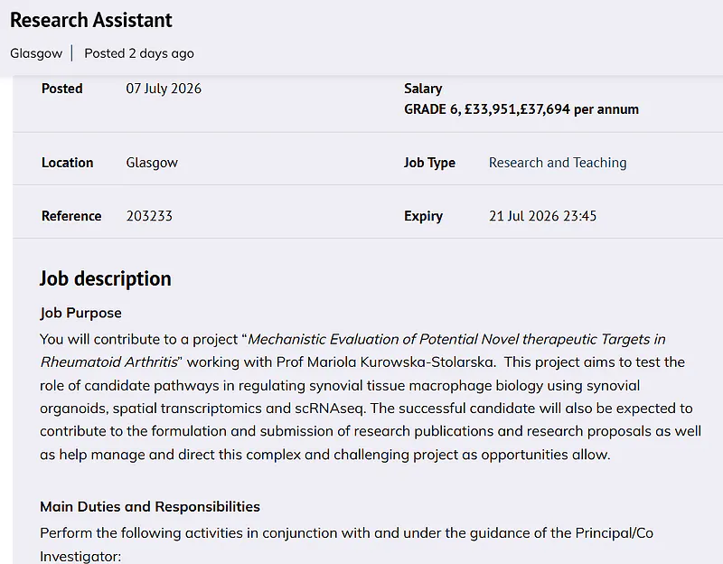 University of Glasgow Recruitment 2026 | Research Assistant Position in Rheumatoid Arthritis Research