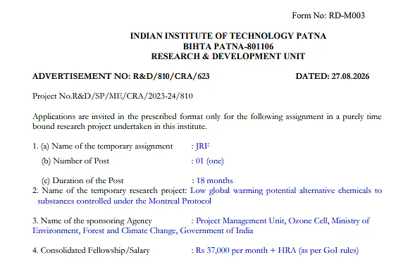 Junior Research Fellow Recruitment 2026 at IIT Patna – MoEFCC-Sponsored Research Project