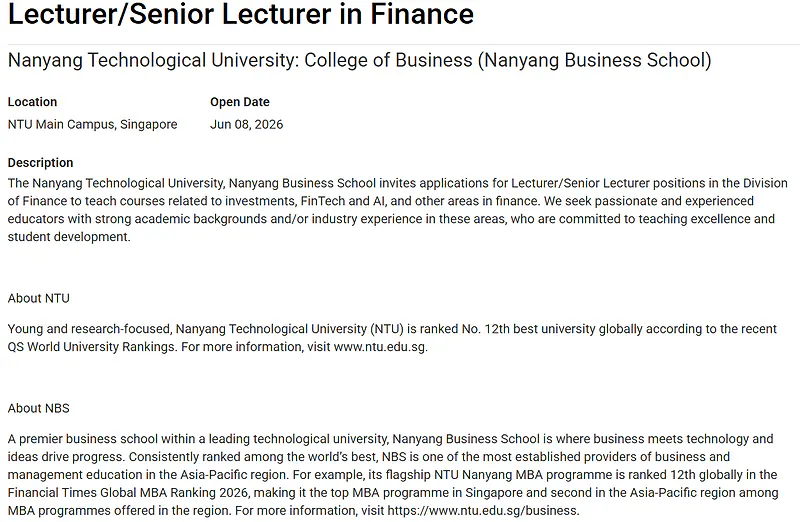 Lecturer/Senior Lecturer in Finance | Nanyang Business School, Nanyang Technological University (NTU), Singapore