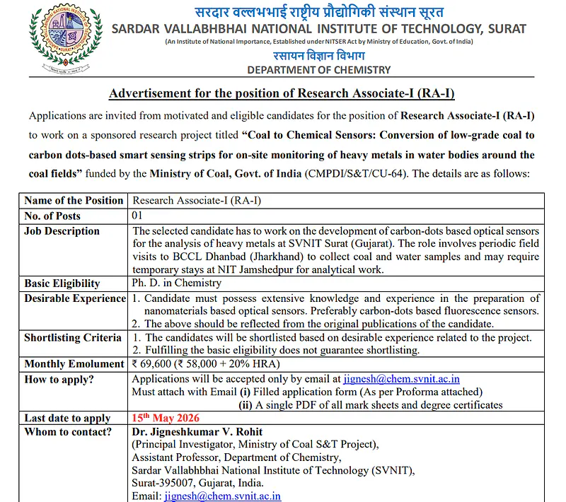 Research Associate-I (RA-I) Recruitment 2026 – SVNIT Surat
