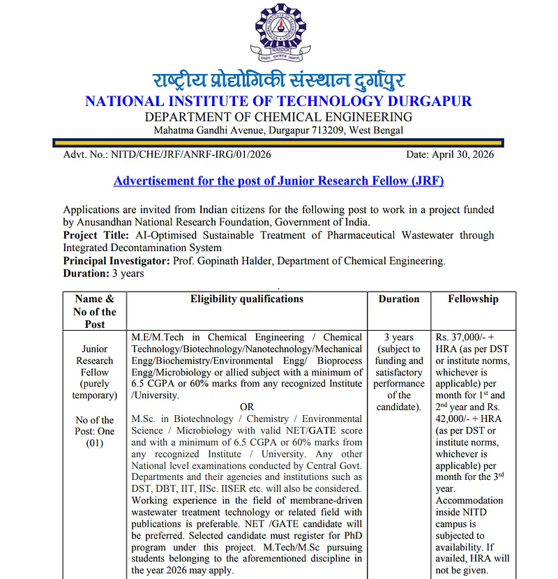 NIT Durgapur Recruitment 2026 - Junior Research Fellow (JRF) 