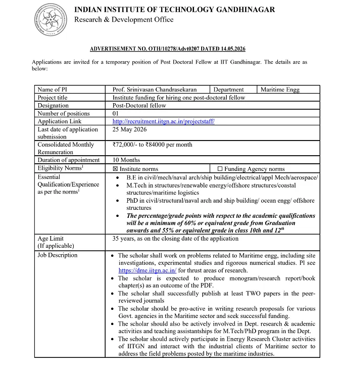 IIT Gandhinagar Recruitment 2026: Post-Doctoral Fellow (PDF) Position in Maritime Engineering