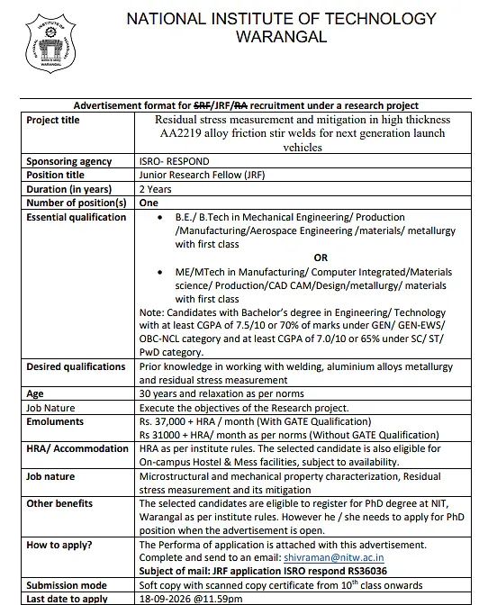Junior Research Fellow (JRF) Recruitment 2026 at NIT Warangal – ISRO RESPOND Research Project