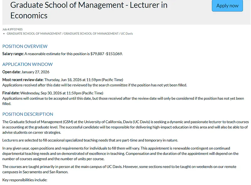 UC Davis Recruitment 2026: Lecturer in Economics at the Graduate School of Management