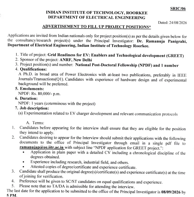 National Post-Doctoral Fellowship Recruitment 2026 at IIT Roorkee – ANRF-Funded EV Research Project
