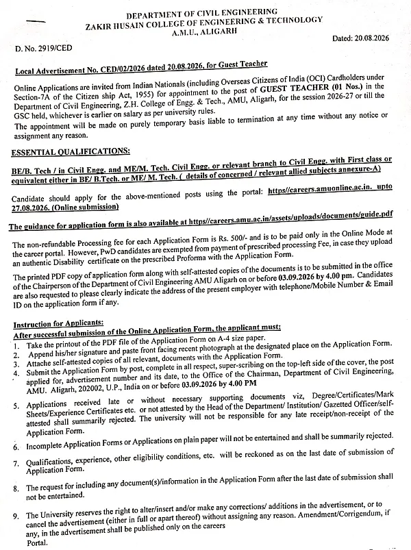 Guest Teacher Recruitment 2026 at Aligarh Muslim University – Civil Engineering