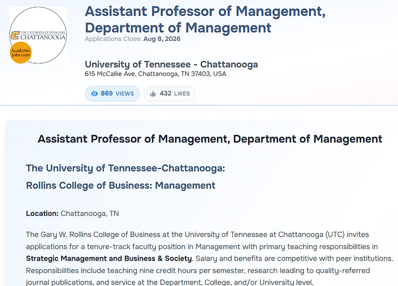 University of Tennessee at Chattanooga Assistant Professor Recruitment 2026
