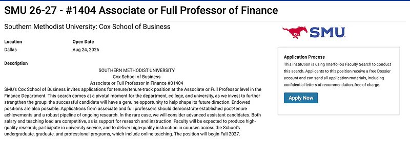 Associate or Full Professor of Finance – Southern Methodist University