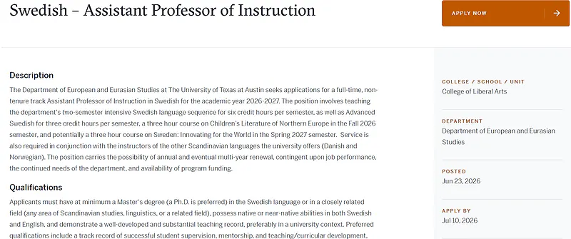 University of Texas at Austin Hiring Assistant Professor of Instruction in Swedish