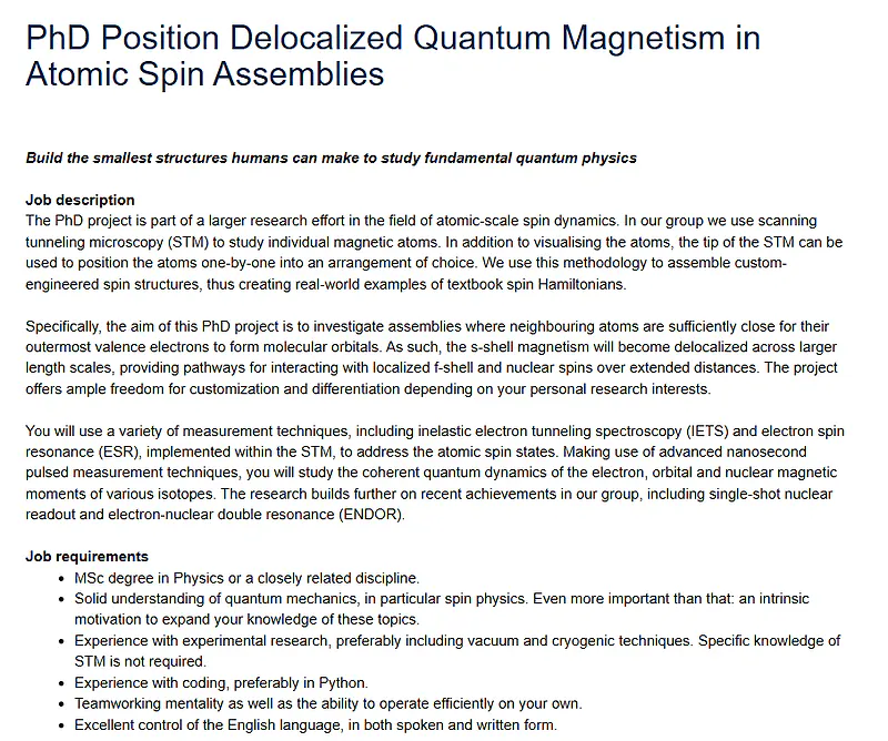 TU Delft PhD Position 2026: Delocalized Quantum Magnetism in Atomic Spin Assemblies