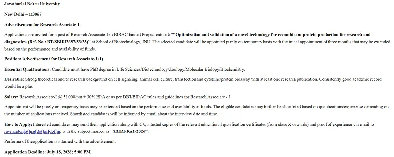 JNU Research Associate-I Recruitment 2026 – Apply for RA-I Position Under BIRAC Funded Project