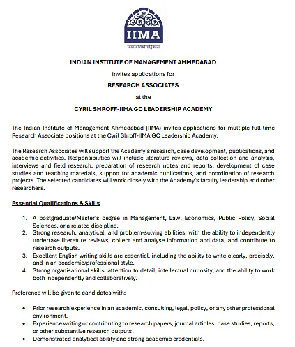 Research Associate Recruitment 2026 at IIM Ahmedabad – Cyril Shroff-IIMA GC Leadership Academy