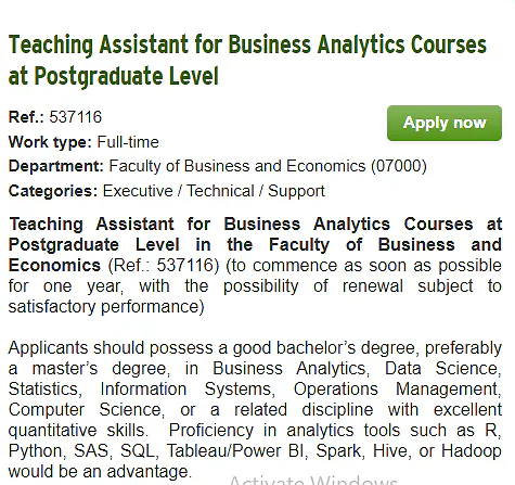 Teaching Assistant for Business Analytics Courses (Postgraduate Level) – The University of Hong Kong (HKU)