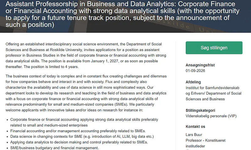 Assistant Professorship in Business and Data Analytics (Corporate Finance / Financial Accounting) | Roskilde University, Denmark