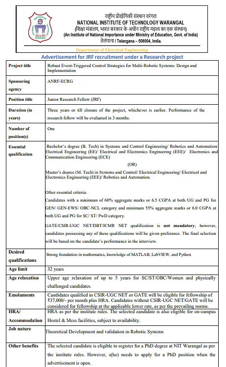 Junior Research Fellow (JRF) Recruitment 2026 – NIT Warangal