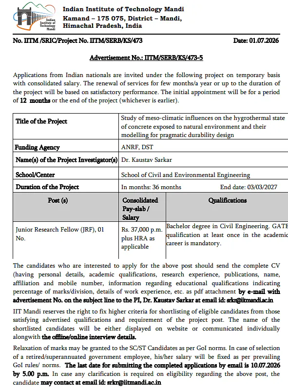 IIT Mandi Invites Applications for Junior Research Fellow (JRF) Position under ANRF-DST Project