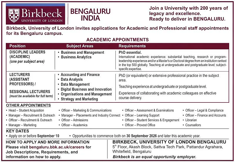 Birkbeck, University of London Announces Major Recruitment Drive for Bengaluru Campus