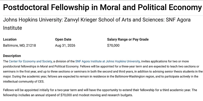 Postdoctoral Fellowship in Moral and Political Economy – Johns Hopkins University