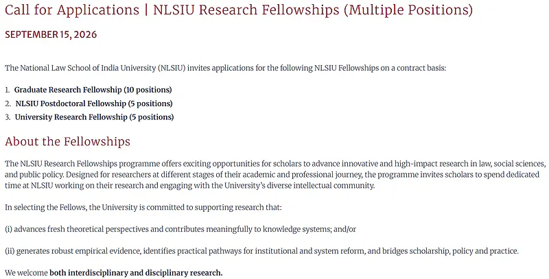 NLSIU Research Fellowships 2026 – Graduate, Postdoctoral & University Research Fellowships