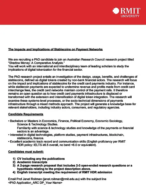 PhD Opportunity: Stablecoins & Payment Networks at RMIT University