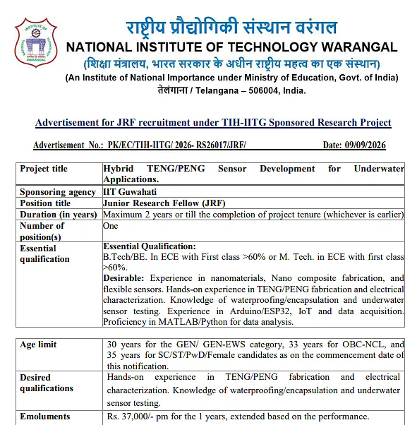 Junior Research Fellow (JRF) Recruitment 2026 at NIT Warangal – TIH-IITG Sponsored Research Project