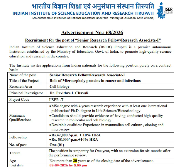Senior Research Fellow / Research Associate-I Recruitment 2026 at IISER Tirupati – Cell Biology Research Project