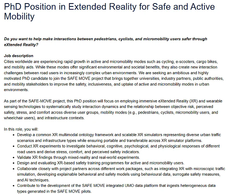 PhD Opportunity 2026 | Extended Reality (XR) for Safe and Active Mobility at TU Delft