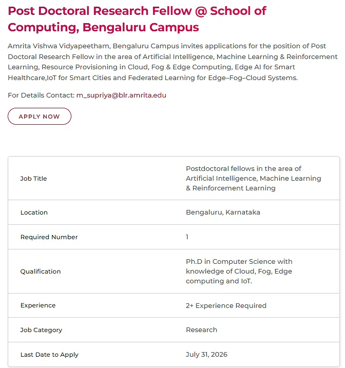 Amrita Vishwa Vidyapeetham Postdoctoral Research Fellow Recruitment 2026