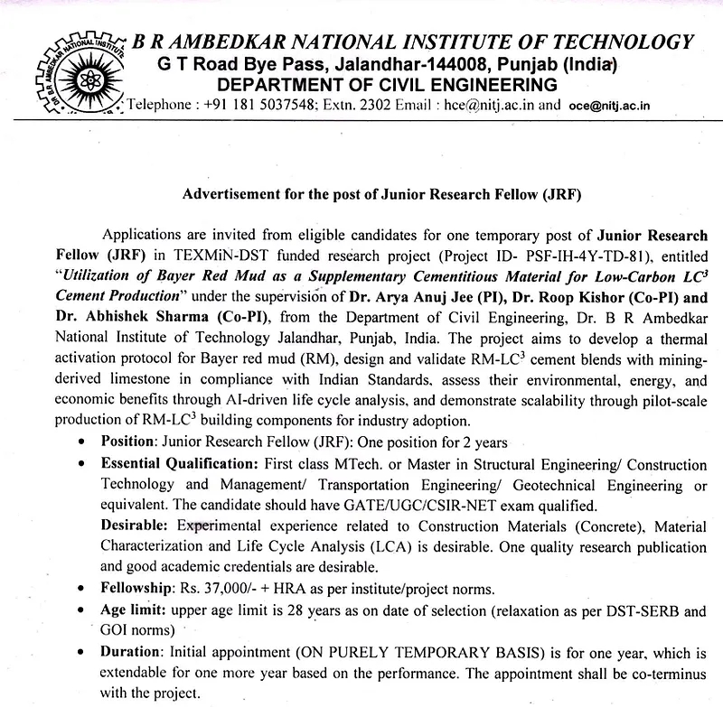 NIT Jalandhar Recruitment 2026 - Junior Research Fellow (JRF) 