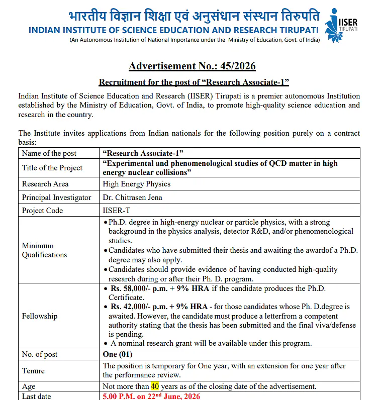 Research Associate-I Recruitment 2026 at IISER Tirupati