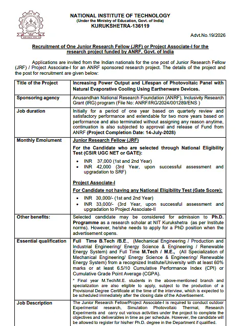 NIT Kurukshetra Recruitment 2026: JRF / Project Associate-I
