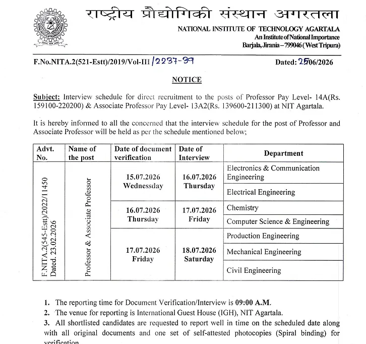 NIT Agartala Announces Interview Schedule for Professor and Associate Professor Recruitment 2026