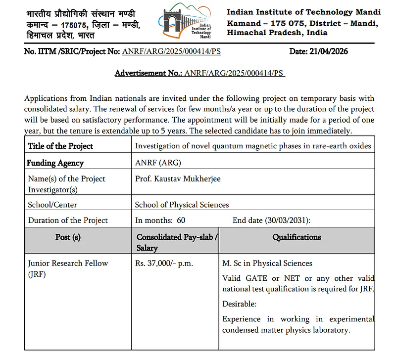 Project Openings at IIT Mandi : JRF & Project Office Assistant