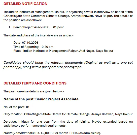 Senior Project Associate Recruitment 2026 – IIM Raipur / Chhattisgarh State Centre for Climate Change