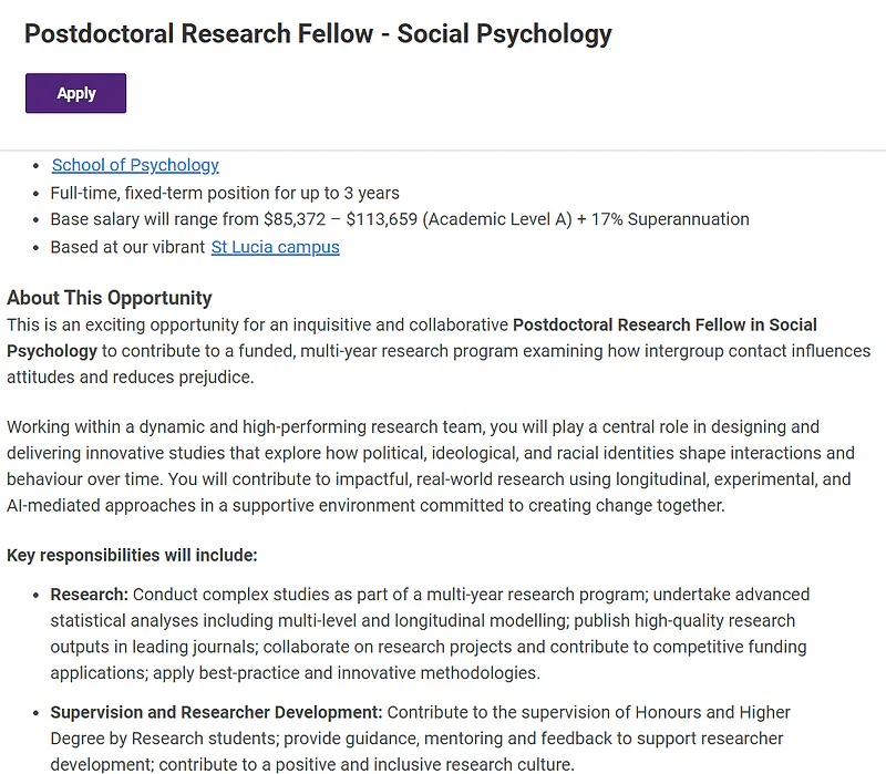 University of Queensland Recruitment 2026: Postdoctoral Research Fellow – Social Psychology