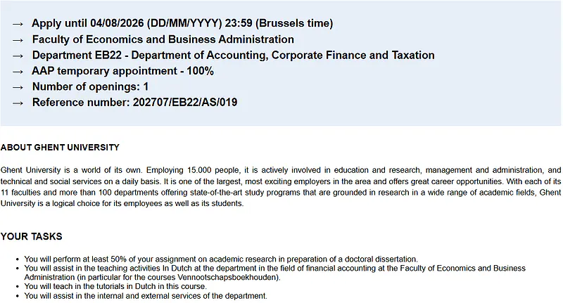 Ghent University Doctoral Assistant Position in Financial Accounting