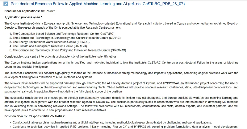 The Cyprus Institute Recruitment 2026: Post-doctoral Research Fellow in Applied Machine Learning & AI 
