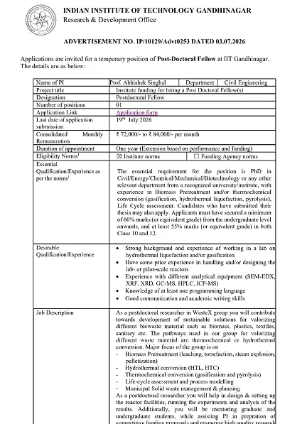 IIT Gandhinagar Post-Doctoral Fellow Recruitment 2026 – Apply for Civil Engineering Research Position