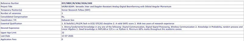 IIT Kharagpur Invites Applications for Senior Research Fellow (SRF) under VAJRA-BEAM Research Project