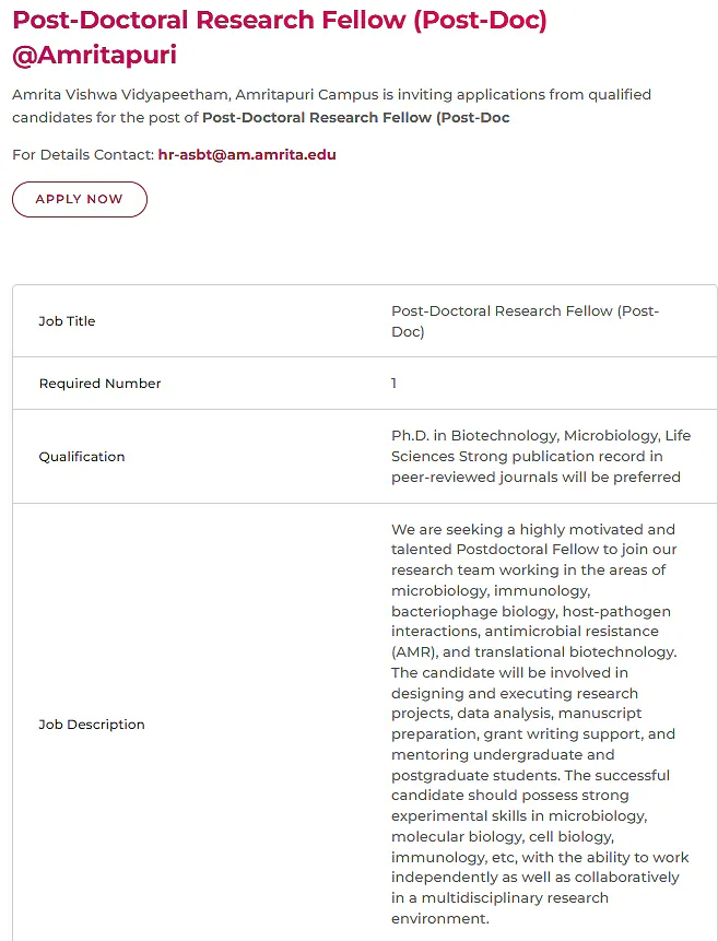 Post-Doctoral Research Fellow Recruitment 2026 at Amrita Vishwa Vidyapeetham, Amritapuri