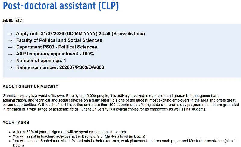 Ghent University Postdoctoral Assistant Recruitment 2026